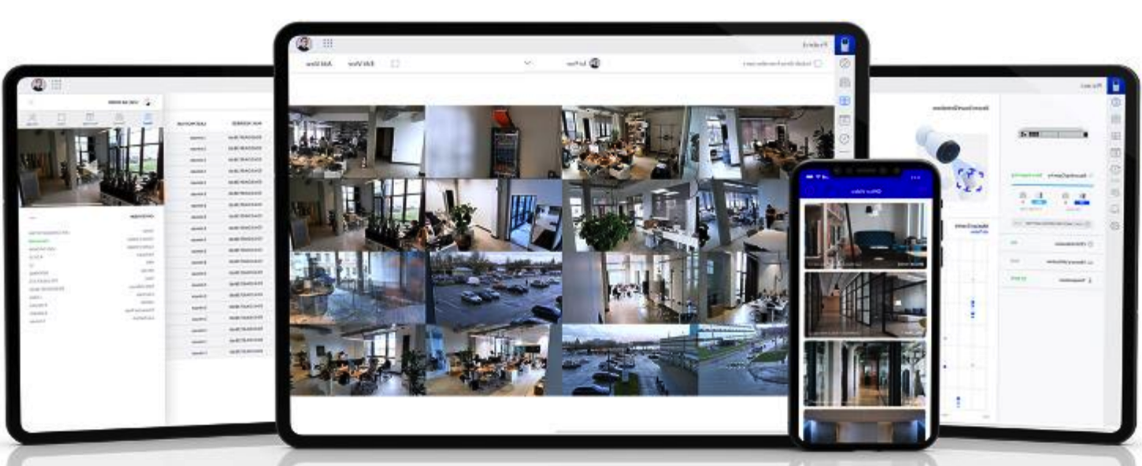 Ubiquiti UniFi Protect camera views shown on desktop, tablet and phone